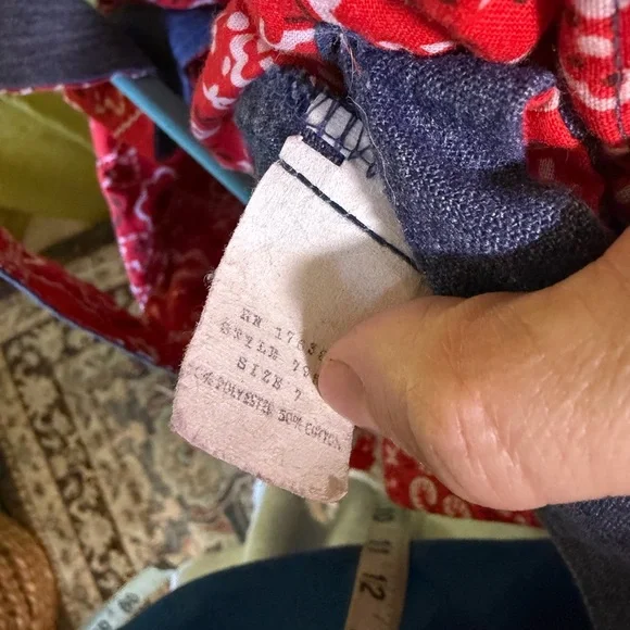 Vintage 1970s Blue & Red Handkerchief Print Lace Up Mini Dress. Size XS - Picture 4 of 8